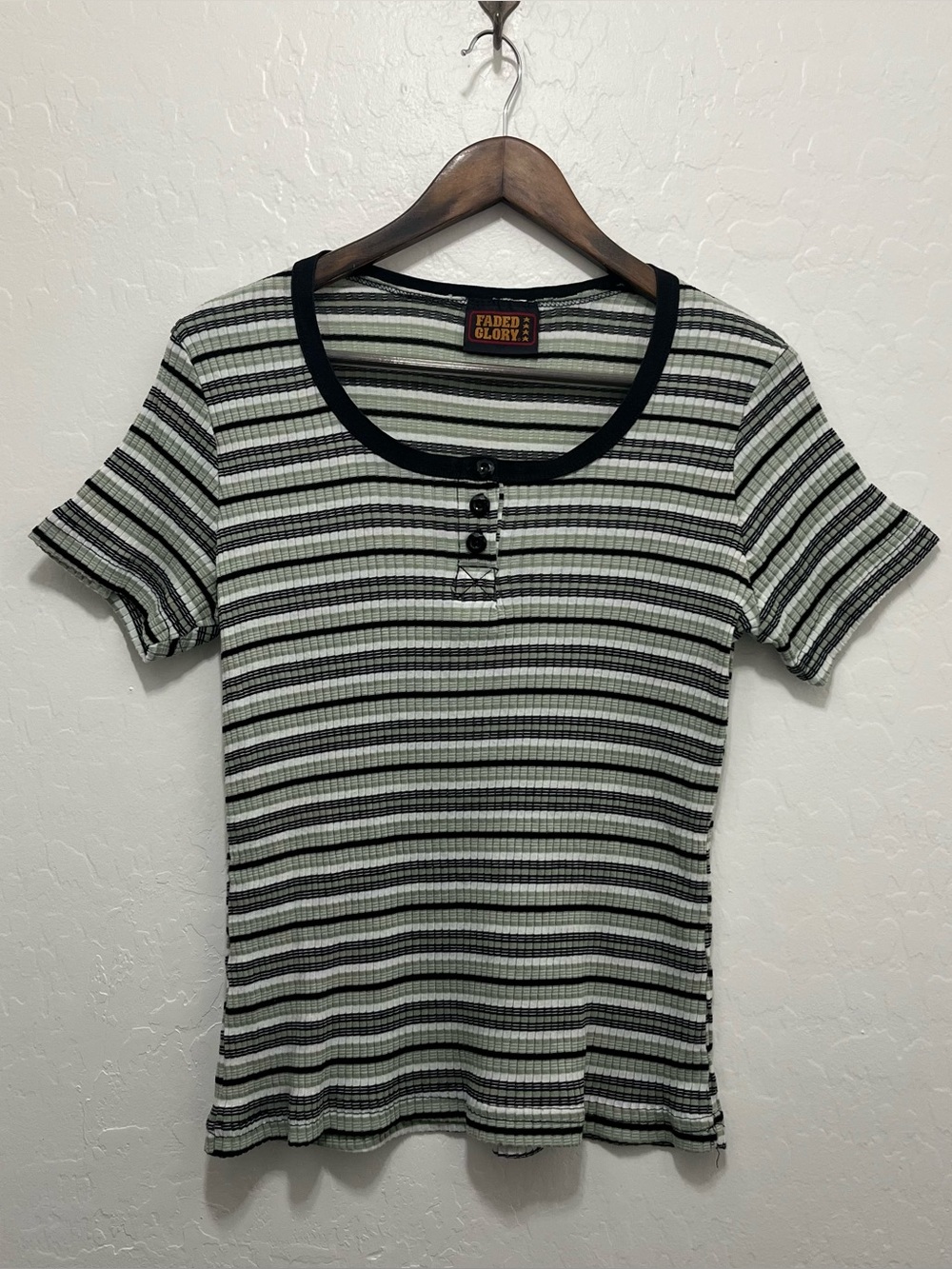 VTG 90s Y2K Faded Glory Striped Ribbed Henley Shirt Green Black Small